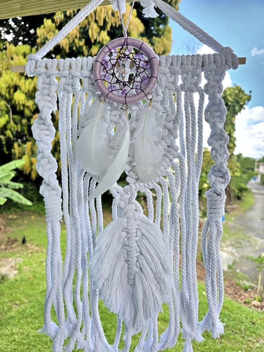 Macrame Dreamcatcher Wall Hanging in White & Purple